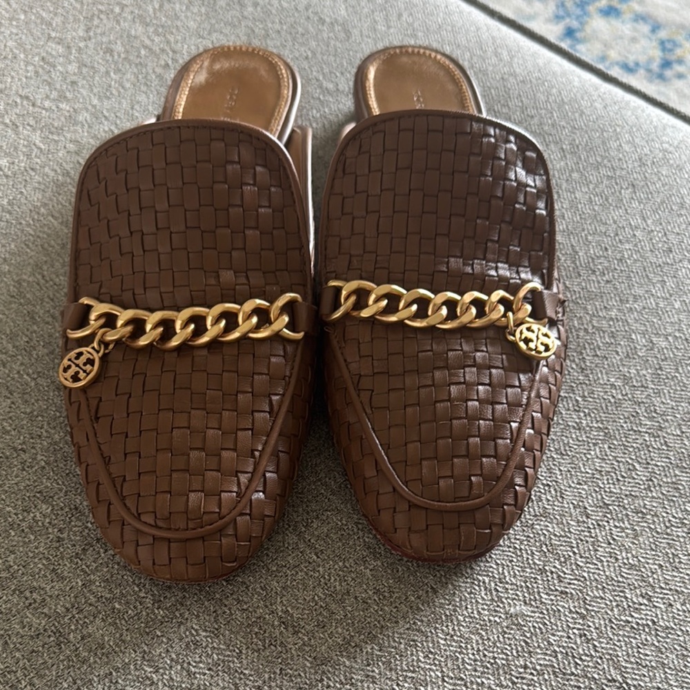 Tory Burch Woven Brown Mules with Gold Chain